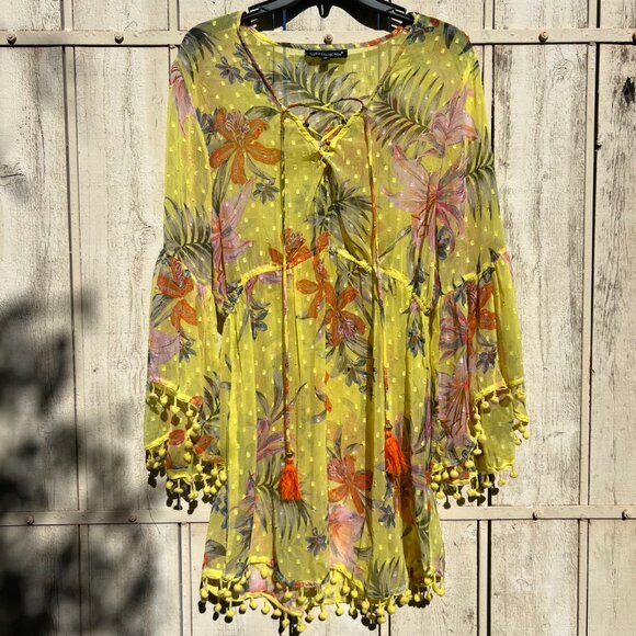 NWOT Beach Cover-Up Dress Sheer Yellow Tropical Floral with Pom-Pom Trim, Size M - Picture 8 of 9